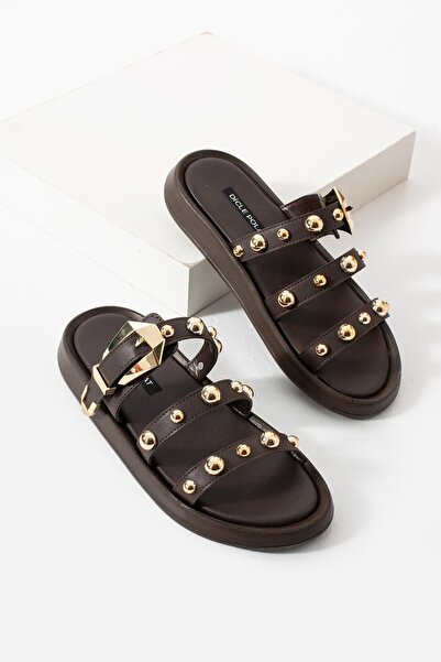 diclepolat Women's Gold Studded Slippers Soft Sole Strap Buckle Casual Slippe...