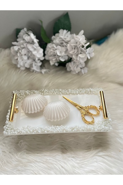 RESİNARTSHOP Epoksi Tepsi dikdörtgen full incili nişan tepsi seti 4 parça (te...