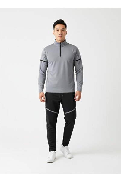 Özgü Spor Giyim Erkek Eşofman Takımı Gri Siyah Şeritli Yarım Fermuarlı İkili ...
