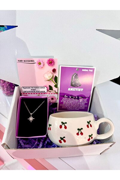 perry accessories KARARMAZ ÇELİK KUTUP YILDIZI KOLYE VE AMETİST DOĞAL TAŞ BİL...