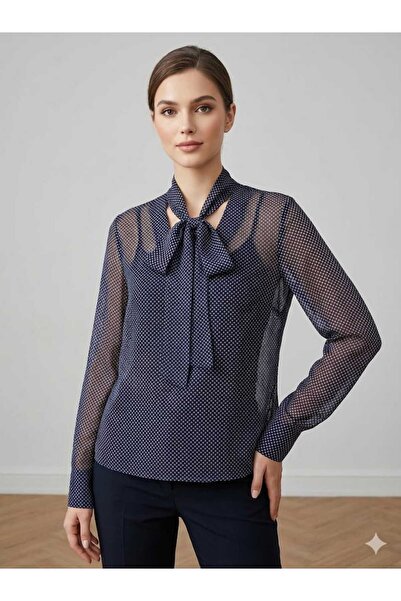 NEWBRA LINGERIE Kadın boynunda kuşak bağlama detaylı puantiyeli şifon gömlek