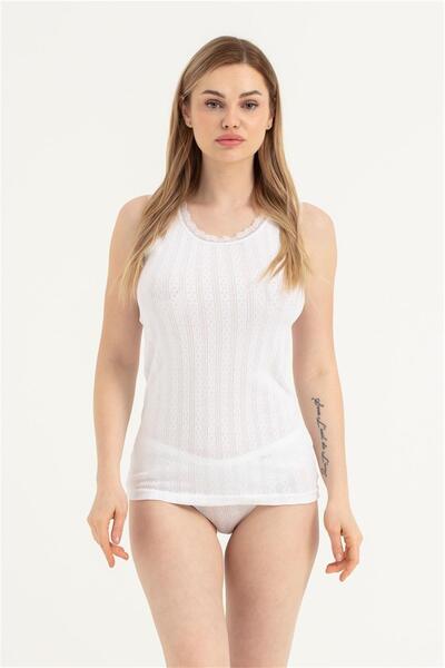 OBJE Women's White Knitted Pattern Wide Strap Tank Top