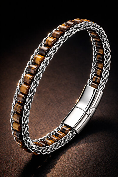 İyyaKee سوار رجالي من الفولاذ مع حجر عين النمر الطبيعي وسلسلة مجدولة موديل كي...