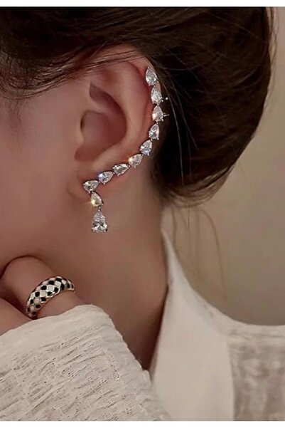 AychaAksesuar Vip Çelik gümüş renk damla kesim taşlı tek delik geçirmeli tekl...