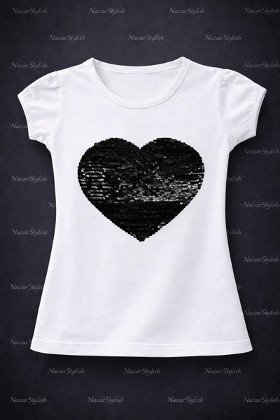 Nacar Kız Çocuk 23 Nisan 29 Ekim İçi Pullu Kalp Baskılı Gösteri Tshirt - Yeni...