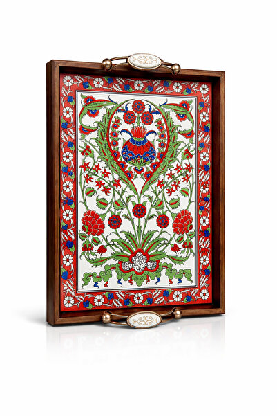 BulutRetail Handmade Kütahya Tile Patterned Wooden Tray 42X27 cm |   Domestic...