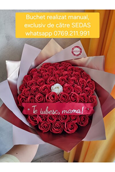 Store.sedas Buchet 55 trandafiri de sapun rosii Te iubesc mama, realizat manu...
