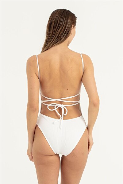 OBJE Kadın Ekru Derin Sırt Dekolteli Mayo