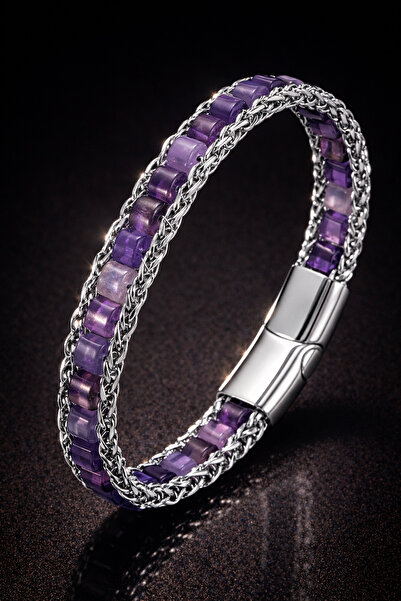 İyyaKee Kadın Çelik Bileklik Doğal Ametist Taşlı Örgü Zincir Model Kadın Künye