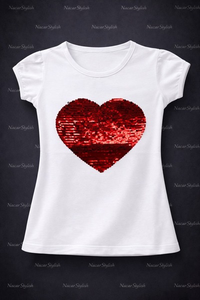 Nacar Kız Çocuk 23 Nisan 29 Ekim İçi Pullu Kalp Baskılı Gösteri Tshirt - Yeni...