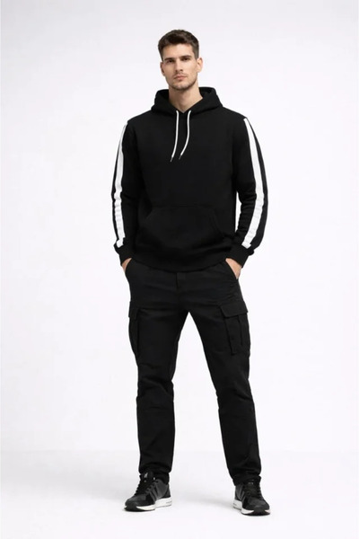 JANES Men's Striped Hooded Sweatshirt Oversized 3 Thread Cotton - Black