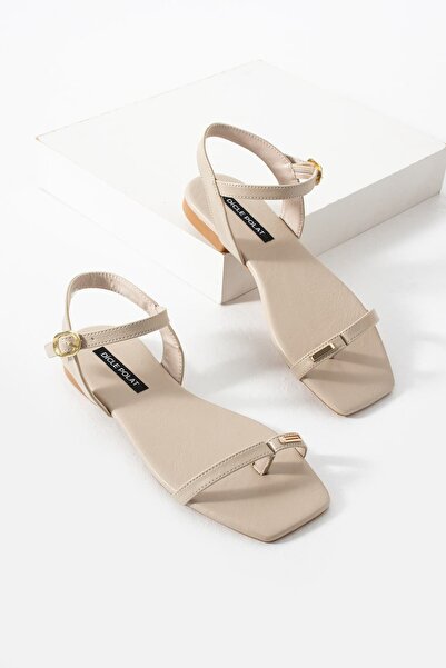 diclepolat Women's Beige Leather Ankle Strap Stylish Flat Sandals Velmor
