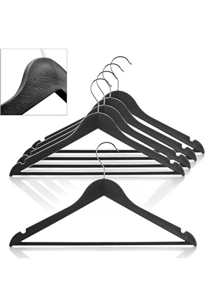HAPPENS 5 Adet Ahşap Görünümlü Plastik A Kalite 5 Adet Siyah Askı Pantolon Gö...