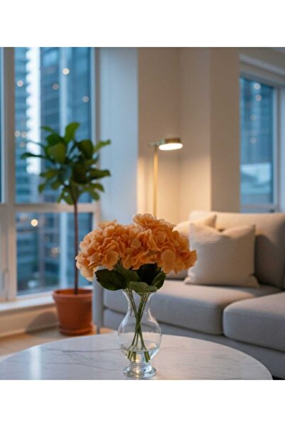 ENRUFLORA Yapay 5 Dallı Yavruağzı Ortanca Ev Salon Balkon Bahçe Dekor Süs Ara...