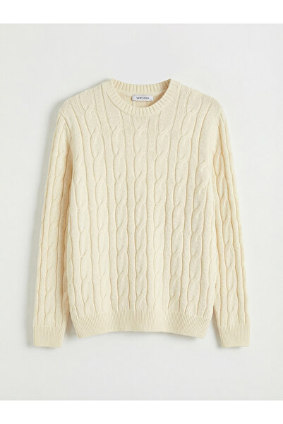 LC Waikiki M1 Sezon Ecru Crew Neck Hair Knit Patterned Men's Knitwear Sweater