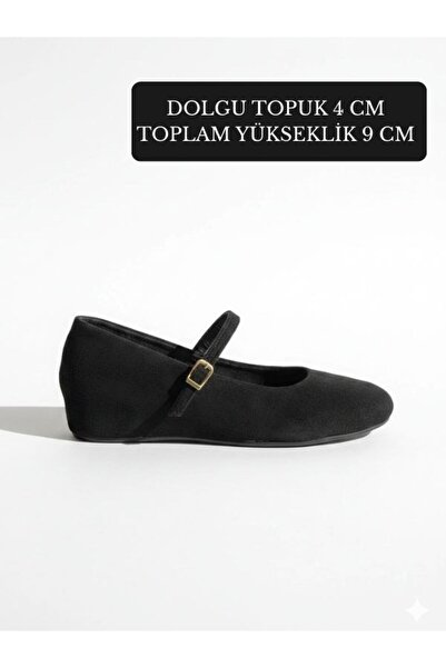 Favi Ayakkabı Siyah Süet İçten Gizli 4 cm Dolgulu Baret Detaylı Babet