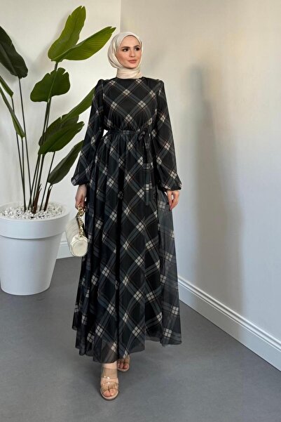 MERVEN AKYÜZ Cavina Ekose Tül Elbise Petrol Yeşili