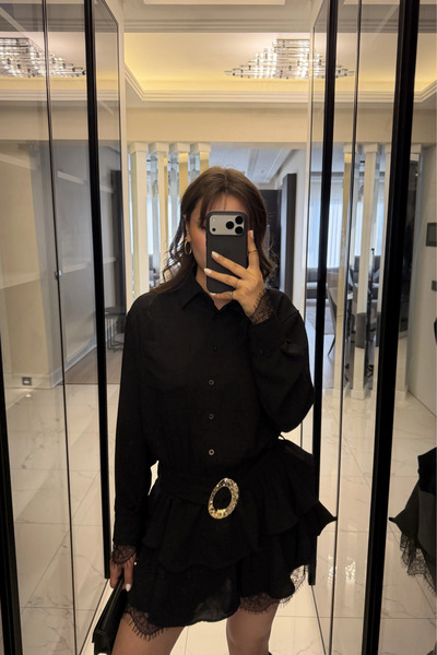 MOZENA Belted Lace Detail Mini Shirt Dress