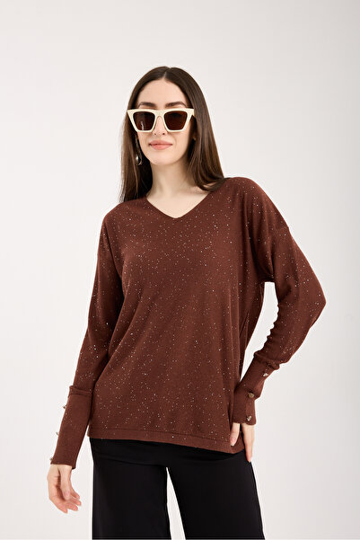 Moda Days Bluză de damă din tricotaj de viscoză, maro, cu manșete largi cu na...