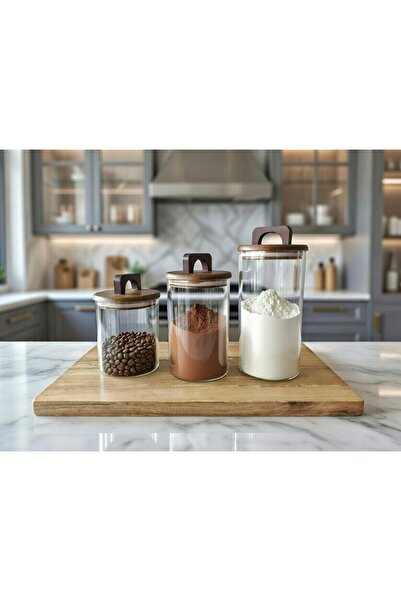 HERHANGİBİRŞEY 3'lü akasya mükemmel vakum kapaklı çizgili kavanoz seti çay şe...