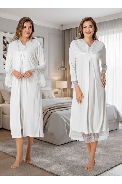 Lohusa Homewear Ženska haljina od ekrua, dugih rukava, stilski Sa čipkanim ve...