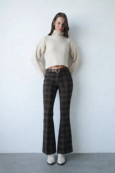 VAGGON Pantaloni evazați în carouri cu centură în talie