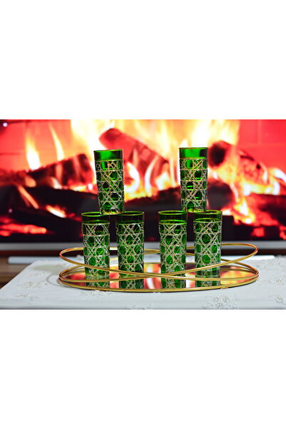 CAM YEŞİL RENK 6'LI KRİSTAL KESME İŞLEMELİ KAHVE YANI BARDAK