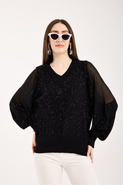 Moda Days Bluză de damă din tricotaj de viscoză, cu mâneci negre, cu detalii ...