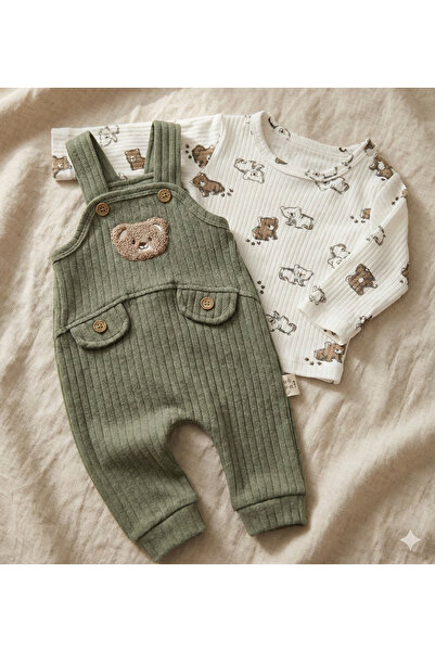 MYZİ STORE Teddy Bear Embroidered Salopet and Bodysuit Baby Set – Ribbed, Lon...