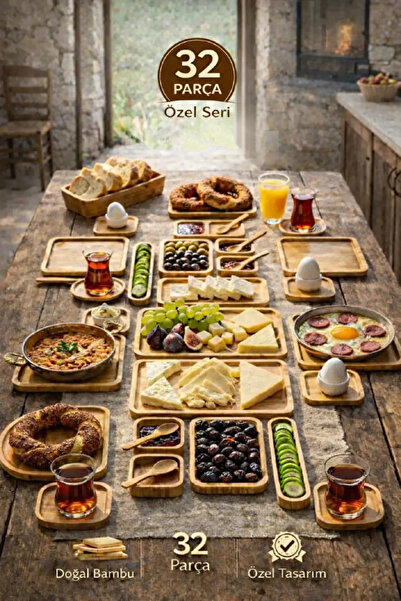 Tilbe Home 32 Parça Bambu 6 Kişilik Serisi Kahvaltı Seti Kahvaltı Takımı Sunu...