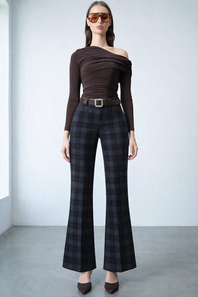 VAGGON Pantaloni evazați în carouri cu centură în talie