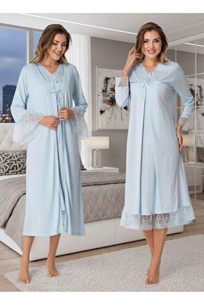 Lohusa Homewear Ženska plava haljina dugih rukava, stilski Sa čipkanim vezom ...