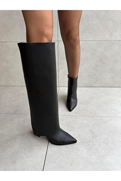 Elvinin Tarzı Kelly Siyah Deri Renk Kemer Detaylı Sök Tak XL Bot Çizme