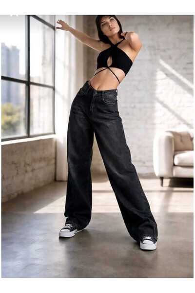 TRENDNATUREL Black Snow Washed Buckle Detailed Loose Cut Wide Leg Comfortable...