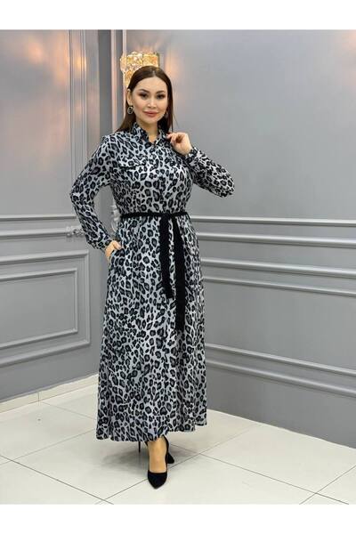 Cannes Asena Modern Leopard Pattern Button Detailed Gray Dress