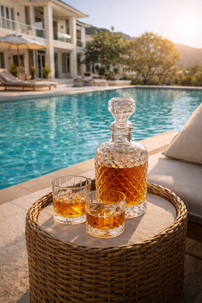 COCEM Kristal Kesme Karaf 1200 cc ve 2 Adet 235 cc Bardağı – Lüks Cam Set