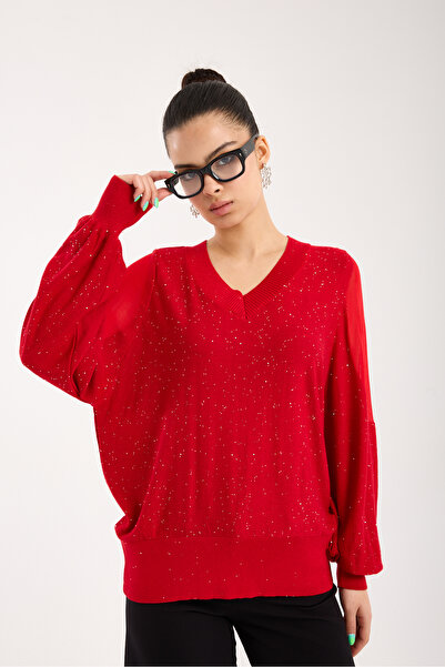Moda Days Bluză de damă cu mâneci roșii, cu detalii din tul, brodată cu paiet...