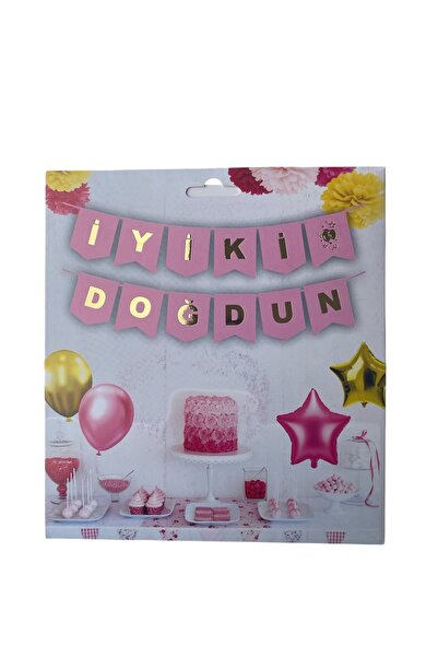 Butik Kutlama Atölyesi Altın Yaldızlı İyi Ki Doğdun Banner Pembe