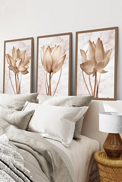 kutuTR Kahverengi Ahşap Çerçeveli 2DUV Baskı 3’lü MDF Tablo–Bej ve Gold Lotus...