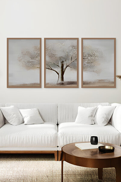 kutuTR Kahverengi Ahşap Çerçeveli 2DUV Baskı 3’lü MDF Tablo–Minimalist Büyük ...