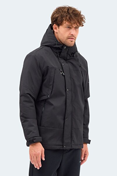Slazenger معطف شتوي مريح مقاوم للماء بغطاء للرأس، معطف أسود