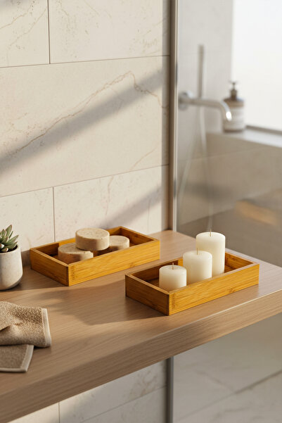 Snippy Bambi - 2'li Dikdörtgen Bambu Sunum Standı Tepsisi Bambu Anahtarlık Ya...