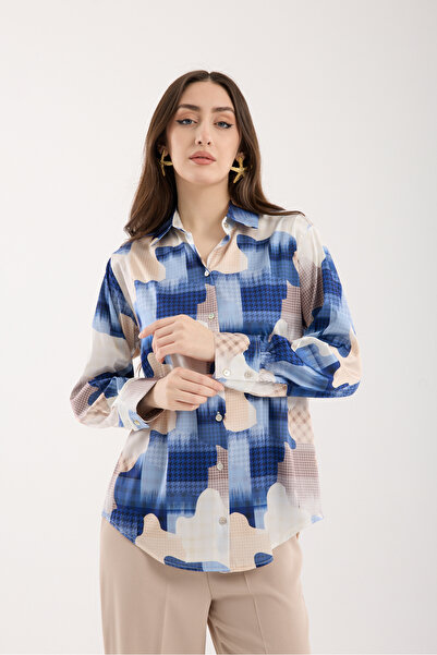 Moda Days Saks-Ecru Wide Cuff Patterned Satin Shirt