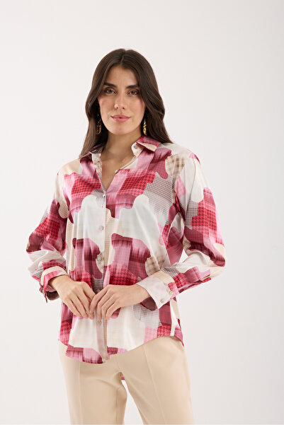 Moda Days Fuchsia-Ecru Patterned Satin Shirt with Wide Cuffs