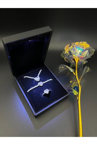 Sepetten Eve Işıklı Kutuda 3 Lü Çelik Kolye Kalpli Yüzük Bileklik Sonsuzluk G...