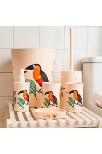 Generic Tropical Bird Print Plastic Bathroom Accessories Set – 6 Pieces