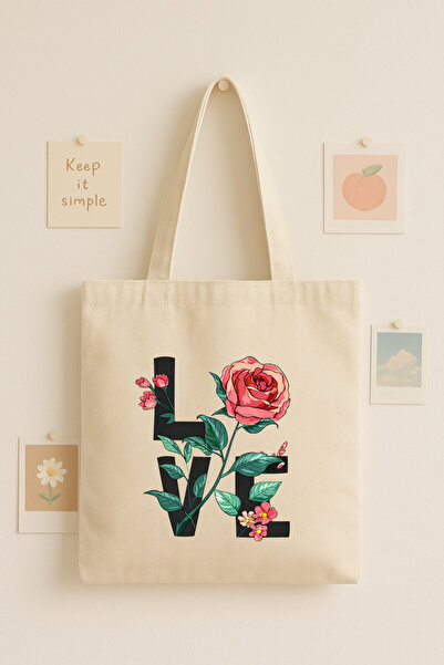 Maki Craft Çiçekli LOVE Baskılı Bez Çanta – Gül Desenli Tote Bag