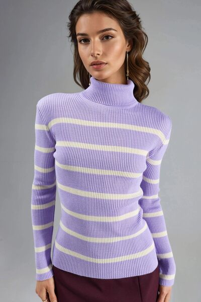 Hiccup My Fashion Bodycon Striped Ribbed Turtleneck Sweater