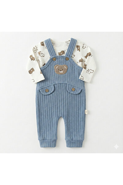 MYZİ STORE Teddy Bear Embroidered Salopet and Bodysuit Baby Set – Ribbed, Lon...