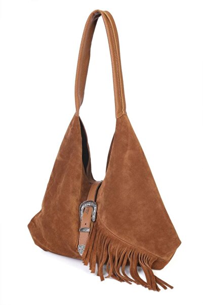 diclepolat Kadın Taba Hakiki Deri Püskül Detaylı Süet El ve Omuz Çanta